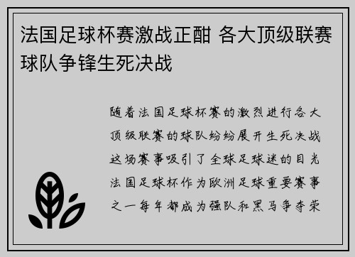 法国足球杯赛激战正酣 各大顶级联赛球队争锋生死决战