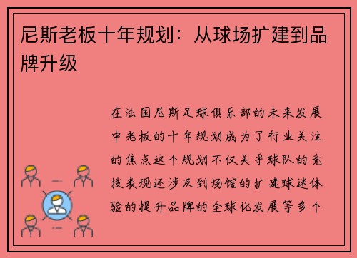 尼斯老板十年规划：从球场扩建到品牌升级