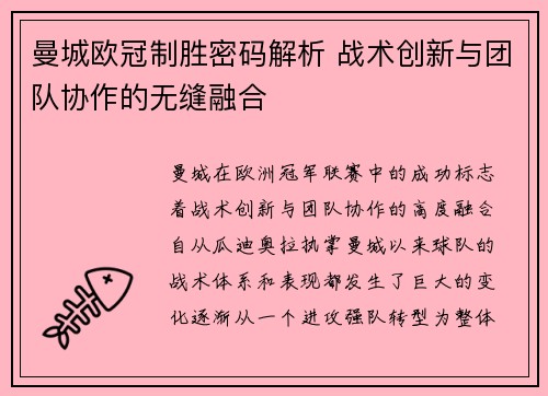曼城欧冠制胜密码解析 战术创新与团队协作的无缝融合