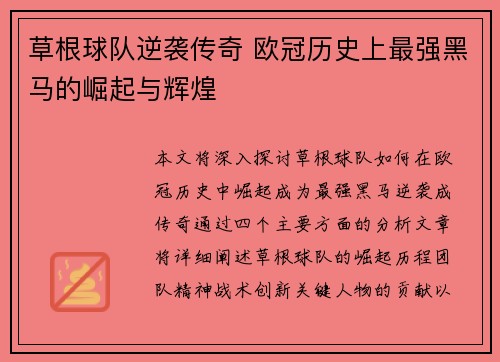 草根球队逆袭传奇 欧冠历史上最强黑马的崛起与辉煌
