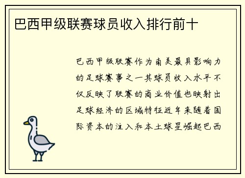 巴西甲级联赛球员收入排行前十